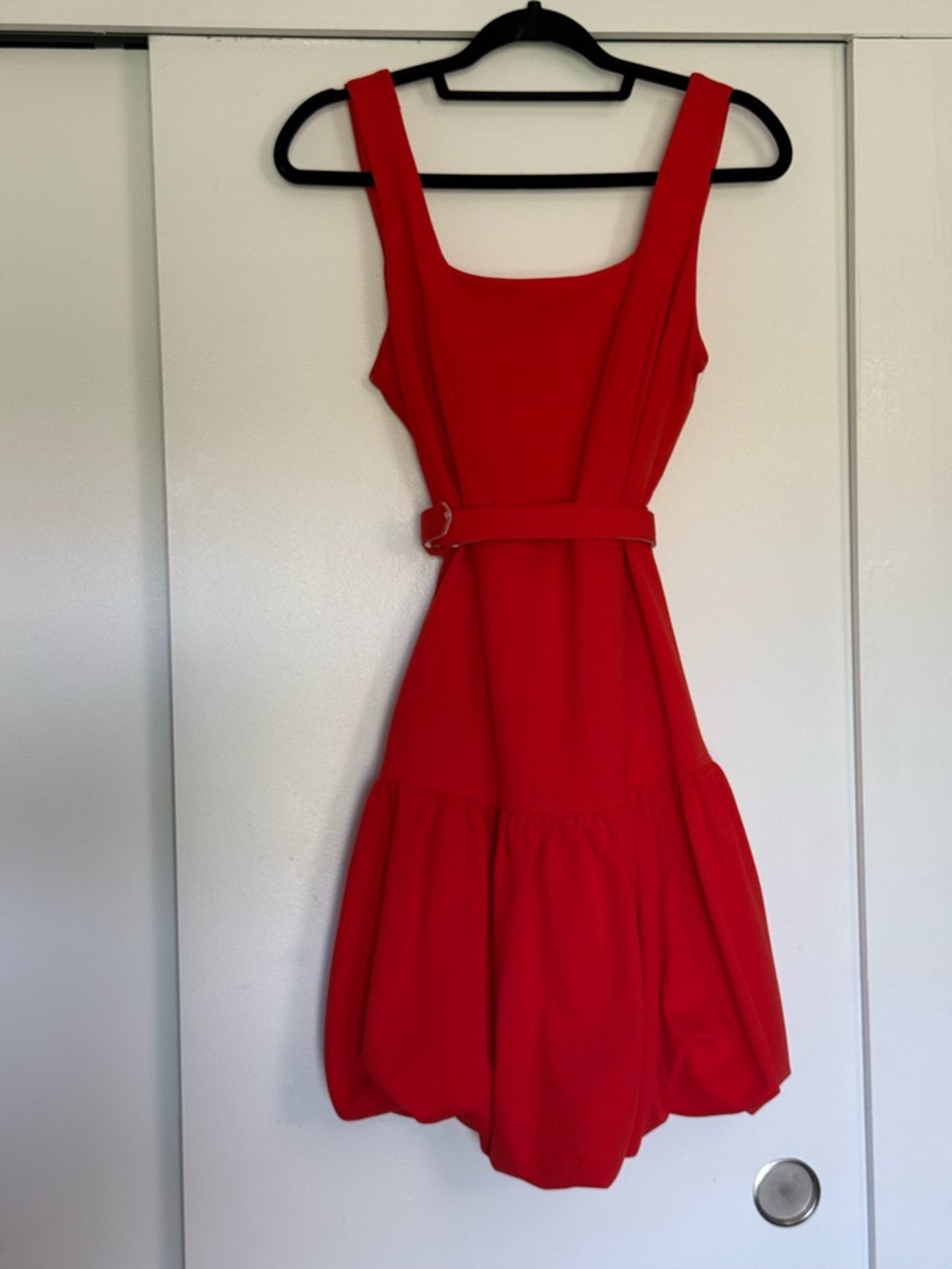 Maison Tara Red Sleeveless Belted Bubble-Hem Mini Dress